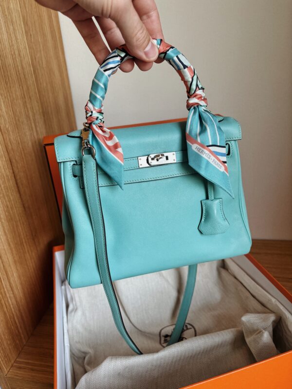 HERMÈS Kelly Bleu Atoll PHW Swift Stamp T 2015