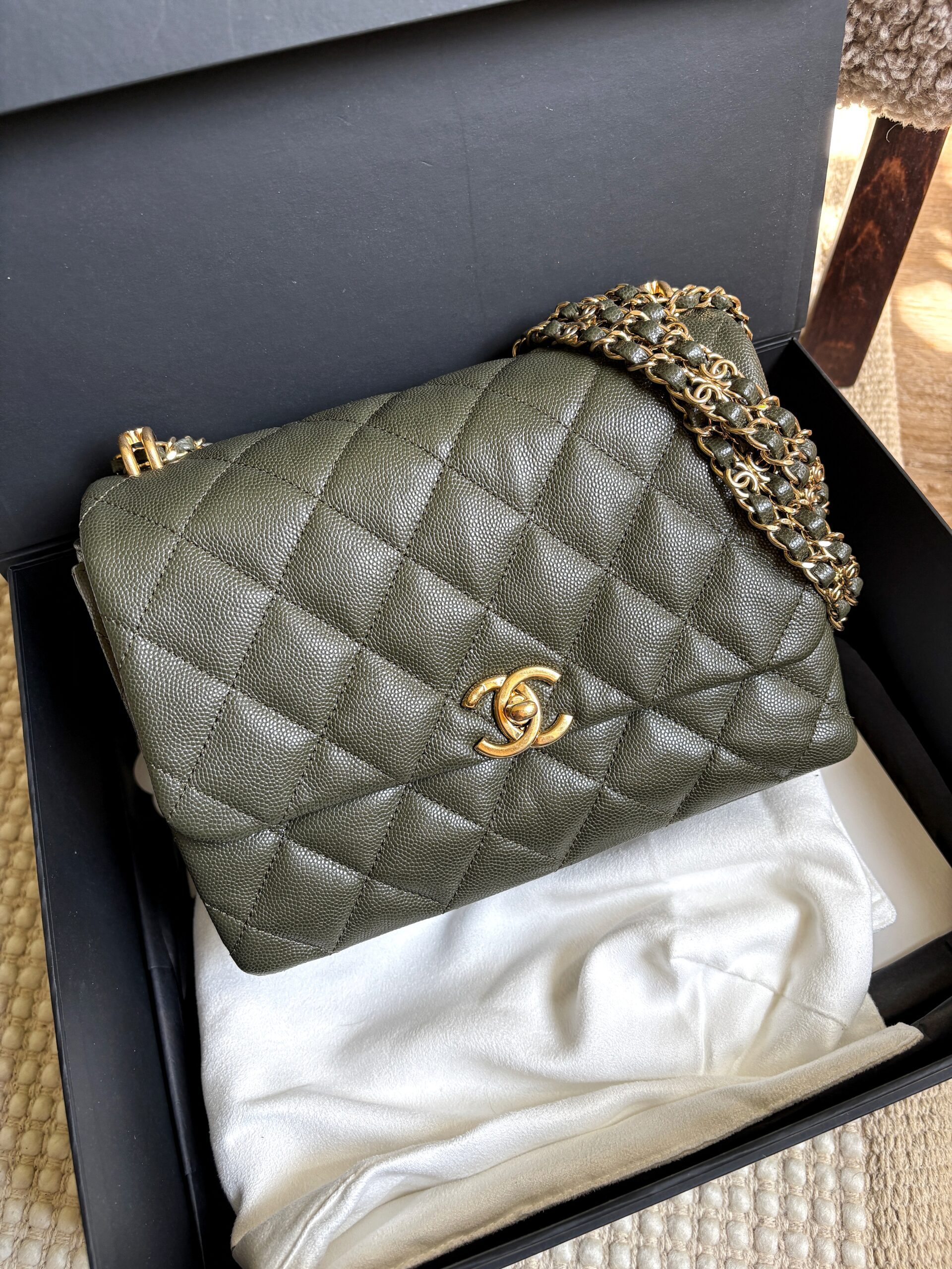 CHANEL Coco Caviar Leather Khaki 22k
