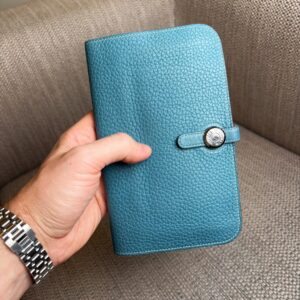 HERMÈS Dogon Wallet Clemence Leather Blue Jean PHW Stamp R