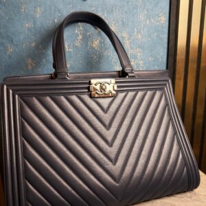 CHANEL Boy Shopping Tote Bag Dark Blue Chevron Leather